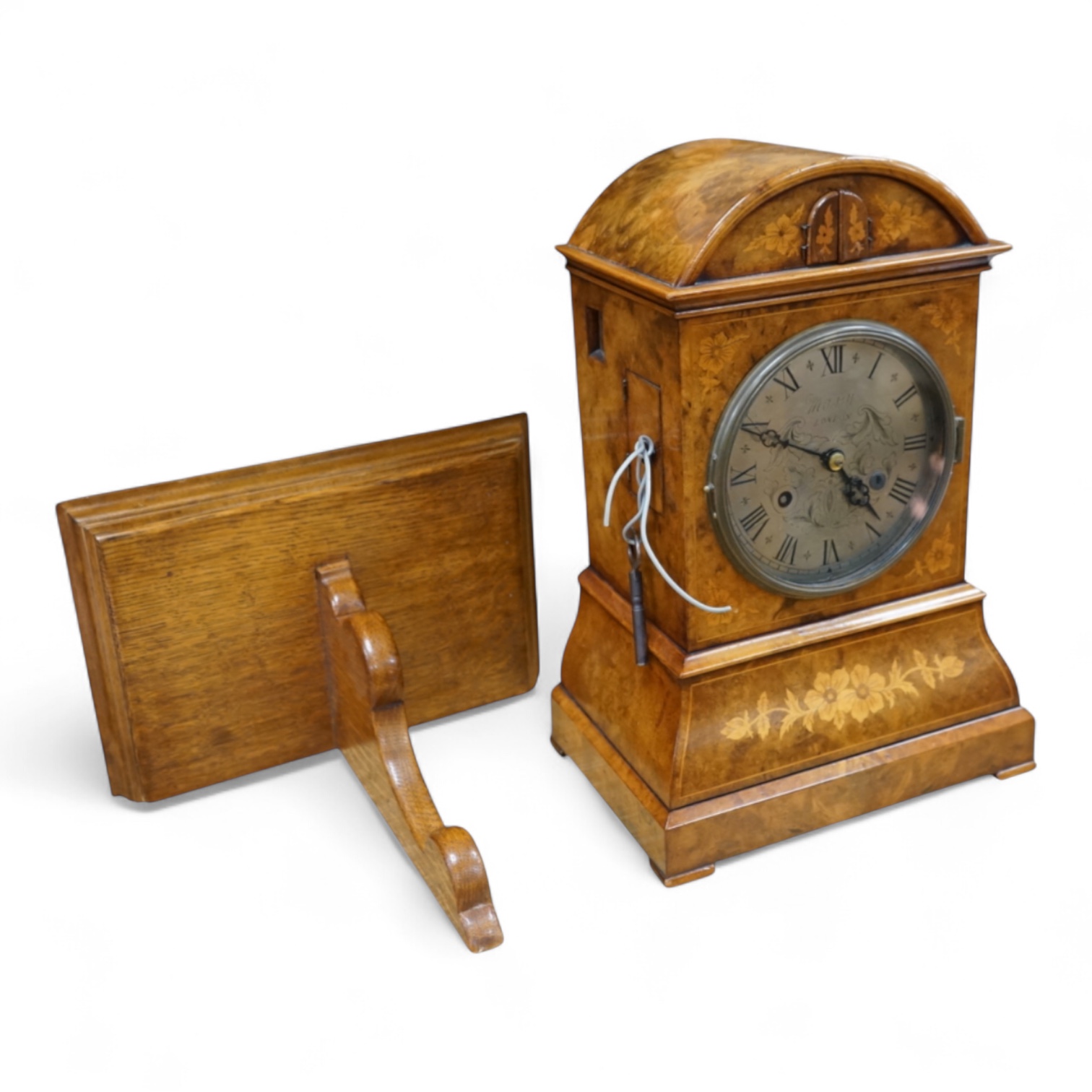 A Victorian burr walnut and marquetry dome topped cuckoo clock, signed Mitchell, London, with oak bracket, 41cm high